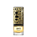 Jasoor by Latafa perfume bottle with a gold and black patterned cap and a clear glass base showing golden liquid inside, on a white background.