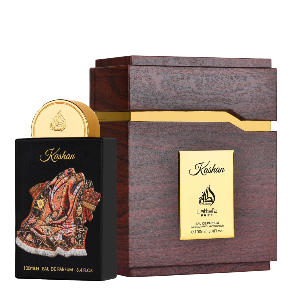 Kashan Lattafa Arabian perfume bottle with a gold cap next to its dark brown wooden box packaging with gold accents.