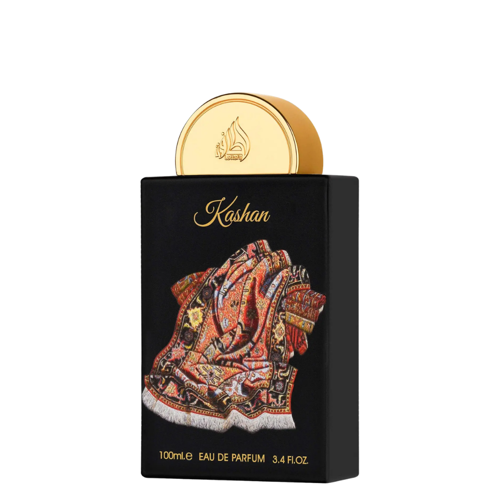 Kashan 100ml Eau de Parfum bottle with a black rectangular body, gold cap, and a detailed red and gold patterned scarf illustration on the front.