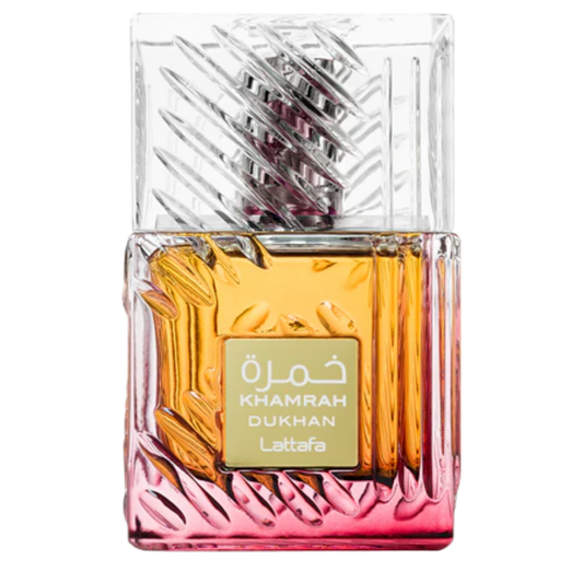 Lattafa Khamrah Dukhan Eau de Parfum – Luxury amber and gradient glass perfume bottle with crystal-cut cap, premium oriental spicy fragrance for men and women.