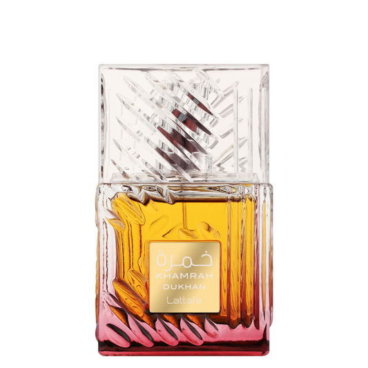 Lattafa Khamrah Dukhan Eau de Parfum – Luxury amber and gradient glass perfume bottle with crystal-cut cap, premium oriental spicy fragrance for men and women.