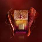 Lattafa Khamrah Dukhan Eau de Parfum surrounded by red chili pepper and autumn leaves – bold smoky-spicy unisex fragrance with warm oriental undertones.
