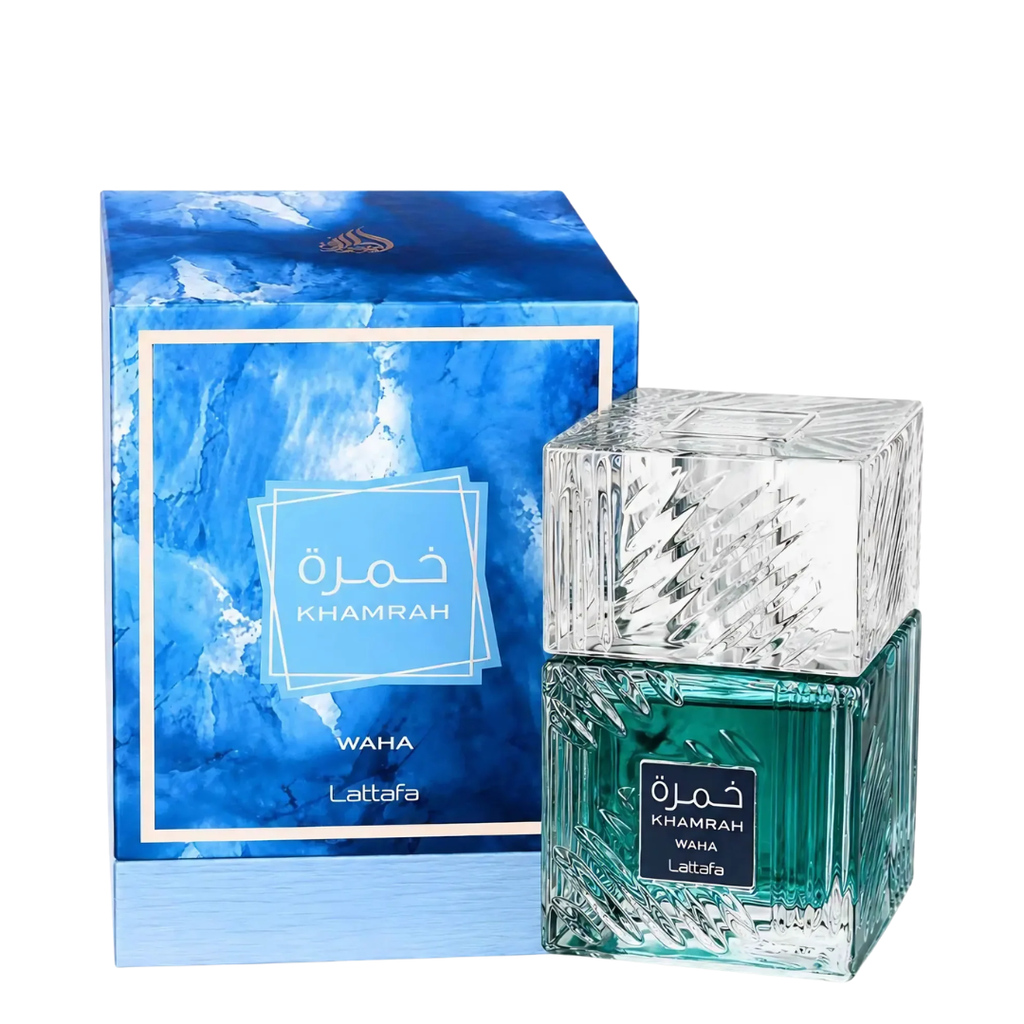 Khamrah Waha perfume bottle and packaging on a white background