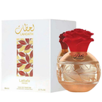 Lahdath Lattafa Pride Eau de Parfum bottle with a red rose cap next to its white packaging box featuring gold and red leaf patterns.
