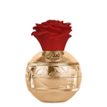Lattafa perfume bottle with a textured gold body and a red rose cap, shown on a plain white background.