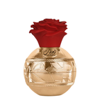 Lattafa perfume bottle with a textured gold body and a red rose cap, shown on a plain white background.