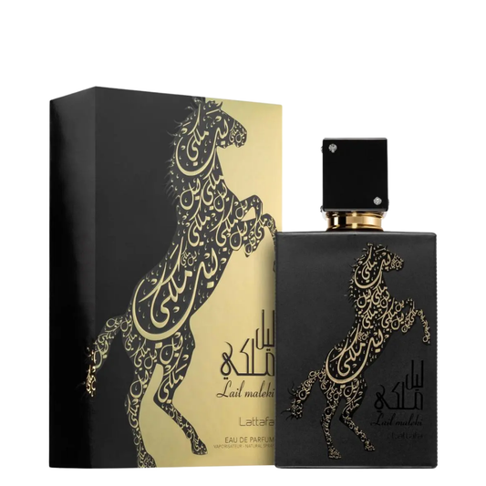 Perfume bottle and packaging with intricate designs and text. Lattafa Lail Maleki Unisex Perfume