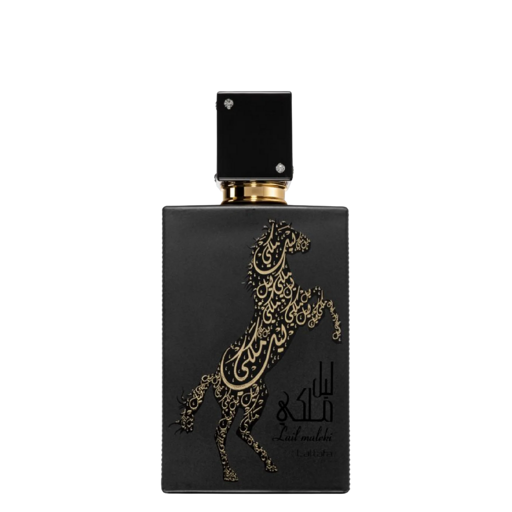 A black perfume bottle with gold decorative elements, including a horse graphic and Arabic script. Lattafa Lail Maleki Unisex Perfume