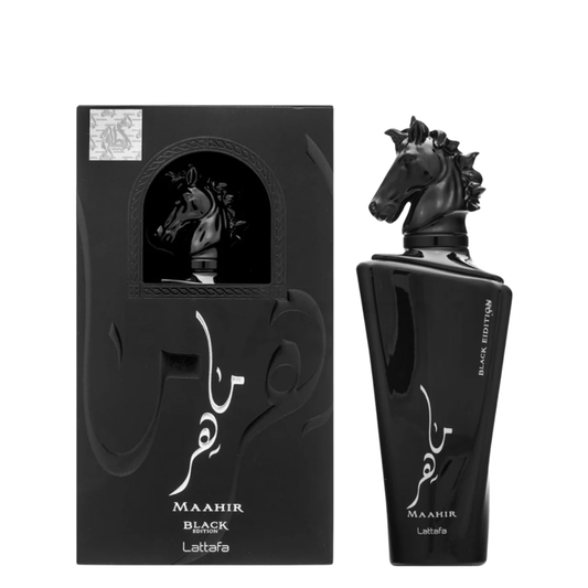 Black perfume bottle with horse design and packaging on a white background. Lattafa Maahir Black Edition Unisex Perfume