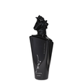 A black perfume bottle with a decorative element on the cap and branding on the body. Lattafa Maahir Black Edition Unisex Perfume