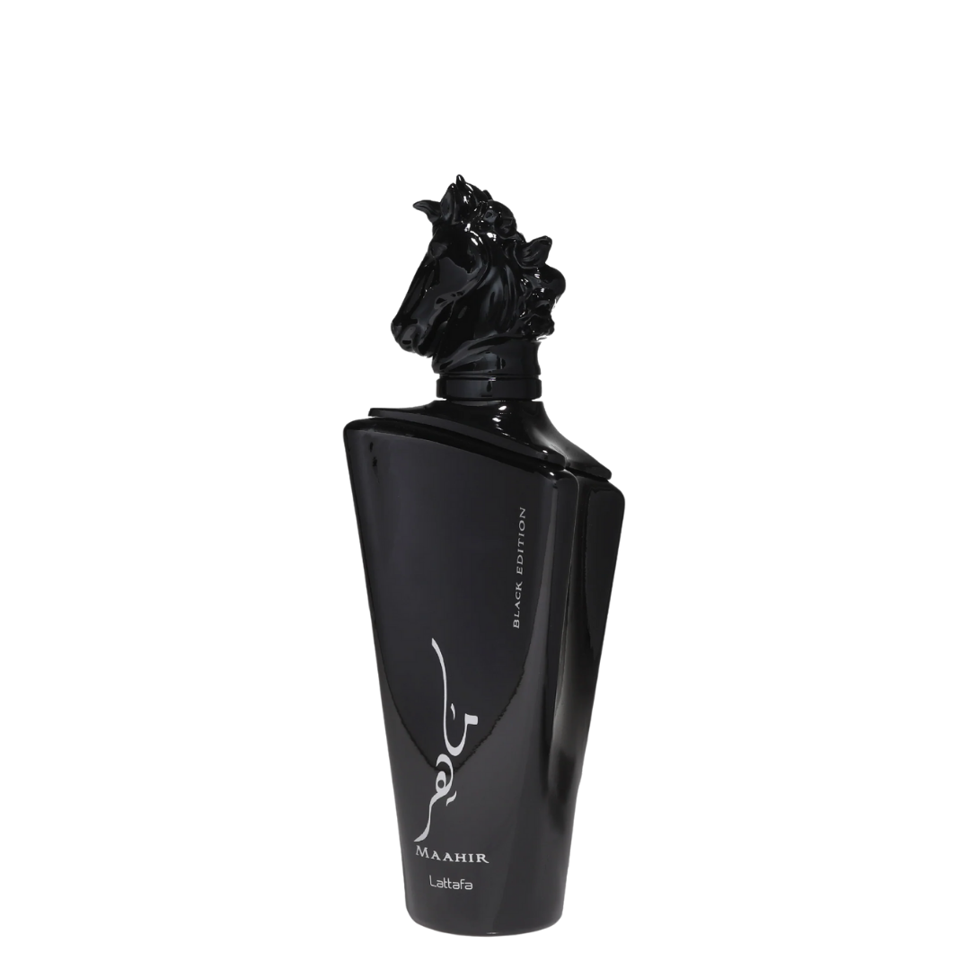 A black perfume bottle with a decorative element on the cap and branding on the body. Lattafa Maahir Black Edition Unisex Perfume