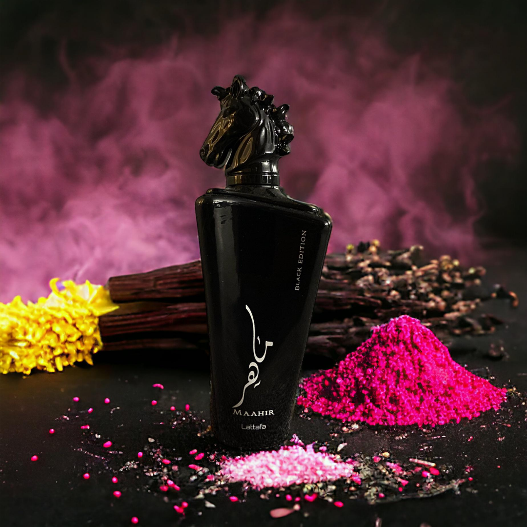 Black perfume bottle with horse design on a dark background with colourful elements. Lattafa Maahir Black Edition Unisex Perfume