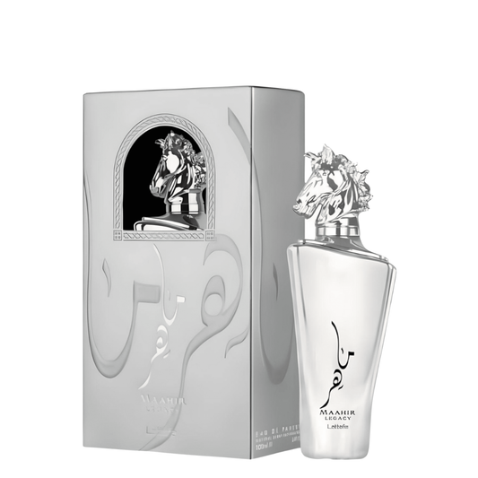 Perfume bottle and packaging with horse design on a white background. Lattafa Maahir Legacy Mens Perfume