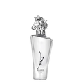 A perfume bottle with a clear liquid, topped with a metallic horse head. The label has Arabic script and the brand name 'Lattafa' is visible. Lattafa Maahir Legacy Mens Perfume