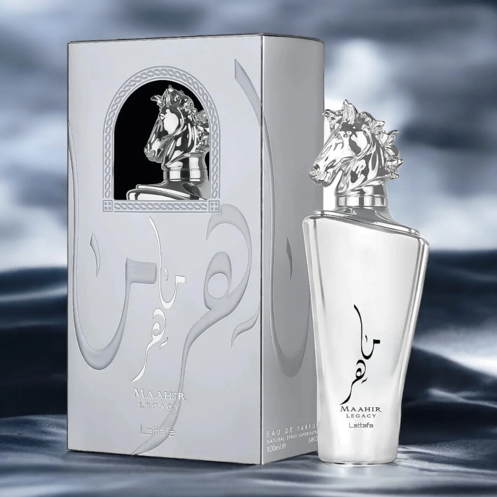 Silver perfume bottle and packaging with horse design on a reflective surface. Lattafa Maahir Legacy Mens Perfume