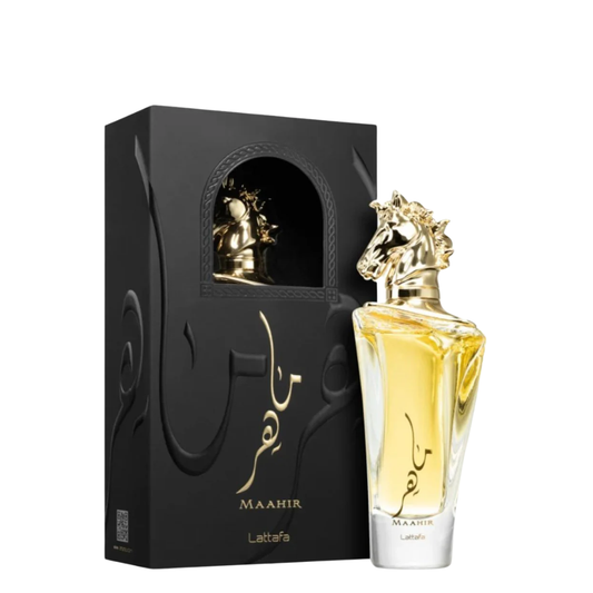 Perfume bottle with gold horse design next to its packaging box. Lattafa Maahir Unisex Perfume