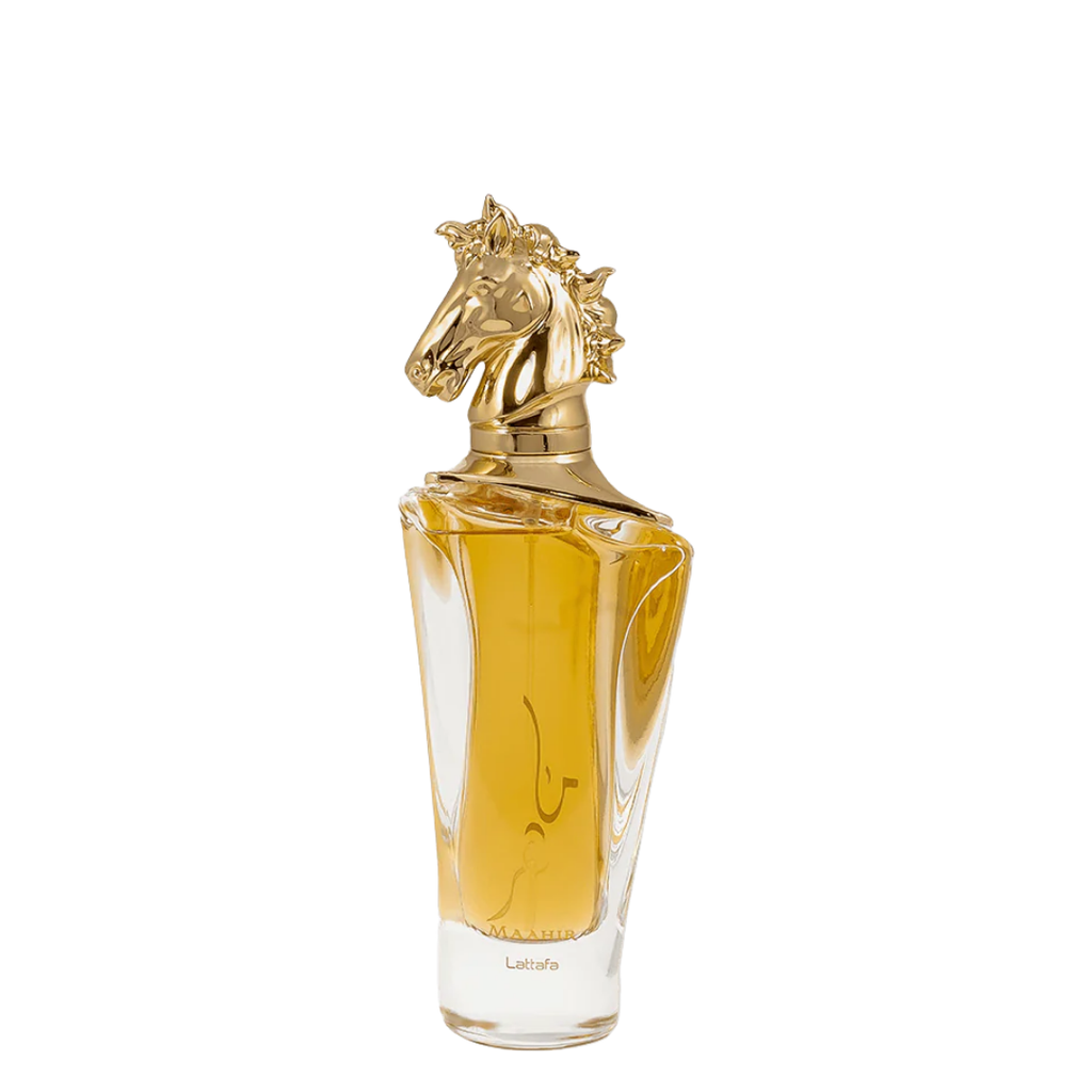 A glass perfume bottle with a gold-colored horse-shaped stopper and a golden label, containing a yellow-colored liquid. Lattafa Maahir Unisex Perfume