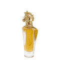 A glass perfume bottle with a gold-colored horse-shaped stopper and a golden label, containing a yellow-colored liquid. Lattafa Maahir Unisex Perfume