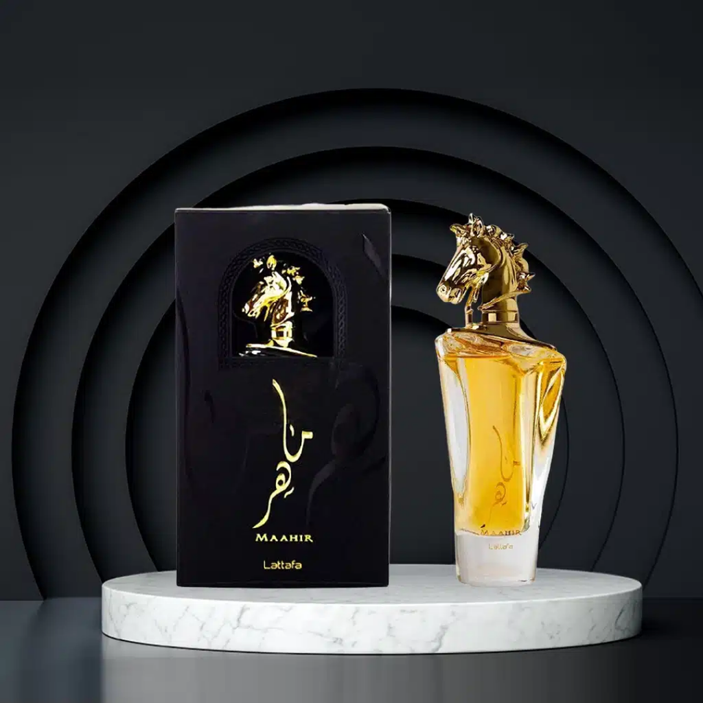Perfume bottle with horse design and packaging on a dark background. Lattafa Maahir Unisex Perfume