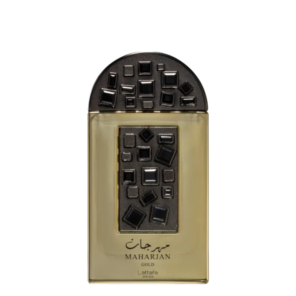 Perfume bottle with geometric design on a white background. Lattafa Maharjan Gold Unisex Perfume