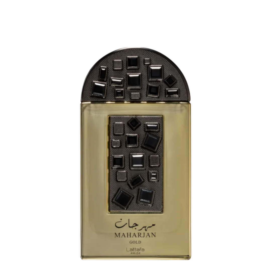 Perfume bottle with geometric design on a white background. Lattafa Maharjan Gold Unisex Perfume