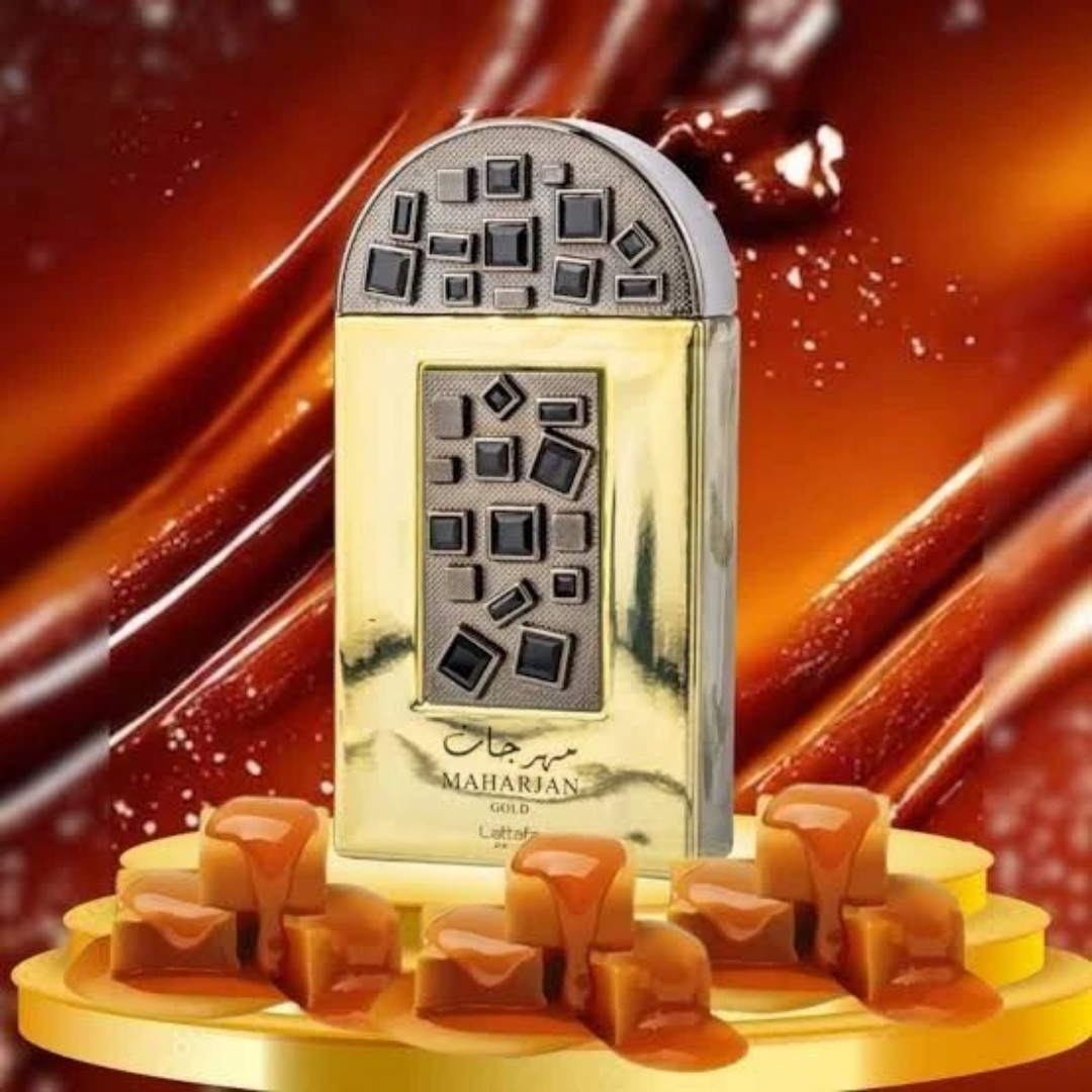 Maharaja Gold perfume bottle with caramel elements on a rich brown background