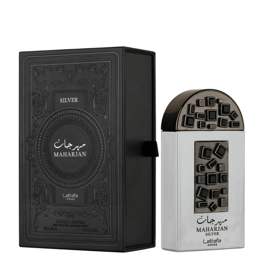 Black and silver Maharjan perfume bottle with packaging on a white background. Lattafa Maharjan Silver Unisex Perfume