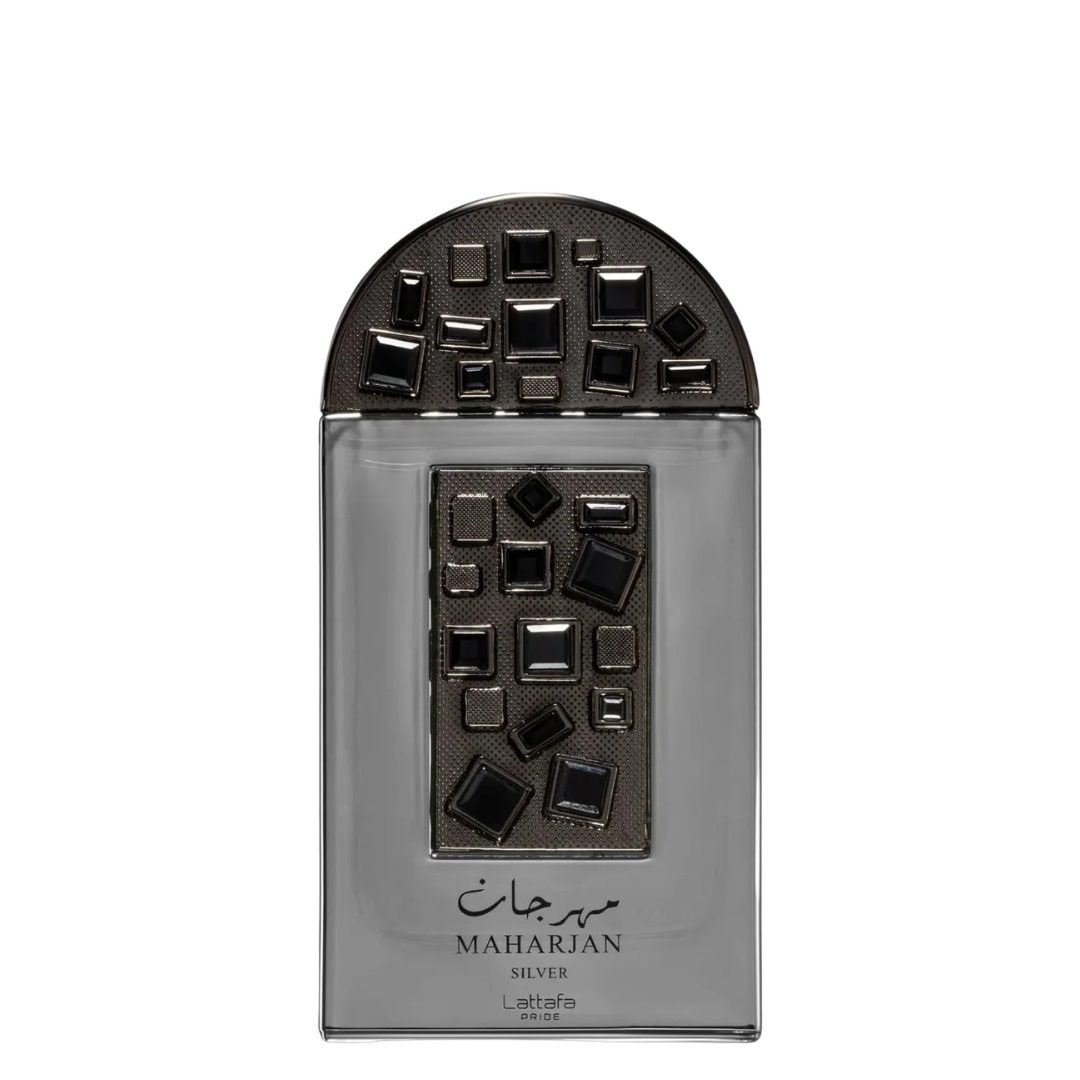Decorative item with geometric design and 'Maharjan' branding on a white background. Lattafa Maharjan Silver Unisex Perfume