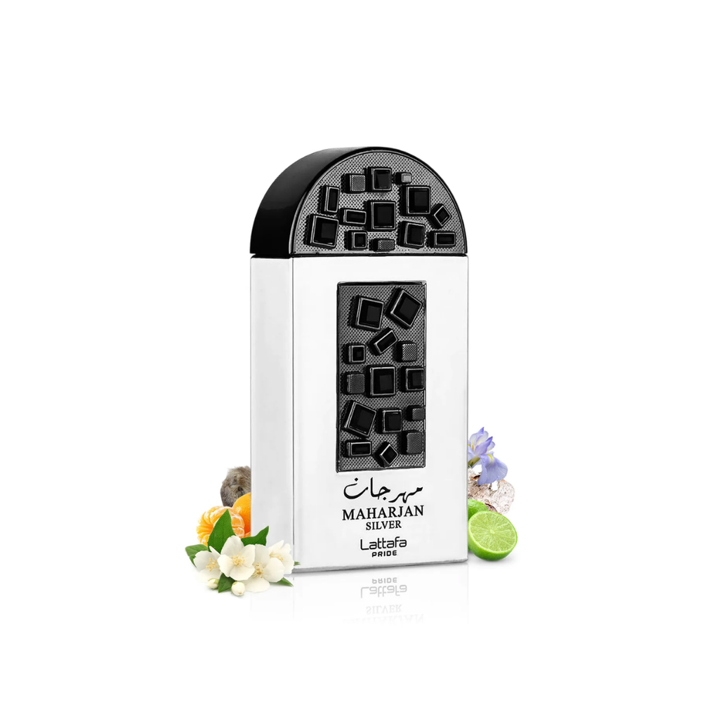 Perfume bottle with black geometric design on a white background. Lattafa Maharjan Silver Unisex Perfume