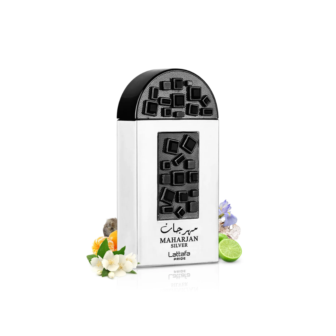Perfume bottle with black geometric design on a white background. Lattafa Maharjan Silver Unisex Perfume