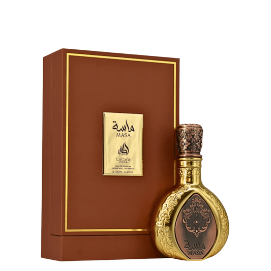Gold and brown MASA perfume bottle with packaging on a white background. Lattafa Masa Unisex Perfume
