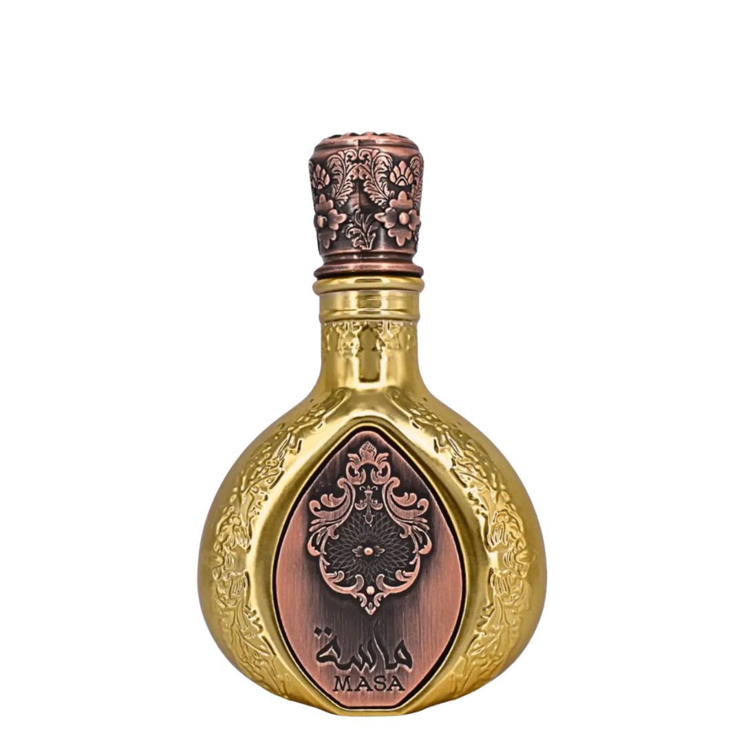 Decorative bottle with intricate designs and 'Masa' branding on a white background. Lattafa Masa Unisex Perfume