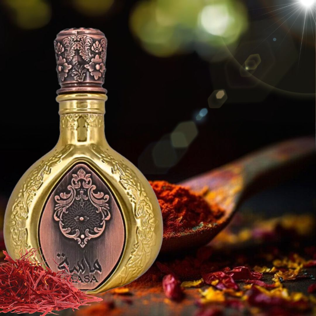 Decorative bottle with intricate design on a dark background. Lattafa Masa Unisex Perfume