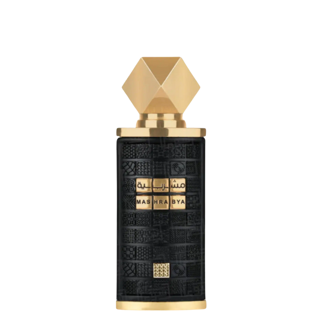 A black perfume bottle with gold accents and a geometric design on the label, topped with a gold cap. Lattafa Mashrabya Unisex Perfume