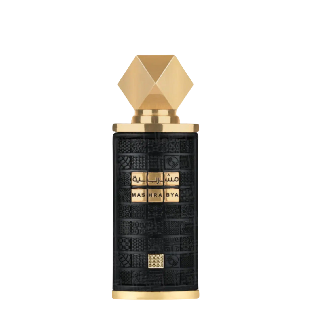 A black perfume bottle with gold accents and a geometric design on the label, topped with a gold cap. Lattafa Mashrabya Unisex Perfume