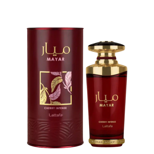 Red perfume bottle and packaging with gold accents on a white background. Lattafa Mayar Cherry Intense Womens Perfume