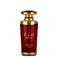 A red bottle of Mayar Cherry Intense perfume by Lattafa with a gold cap and label detailing.