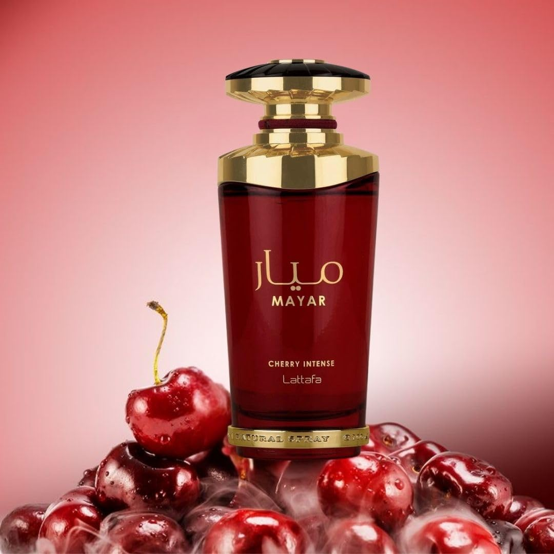 Perfume bottle labeled 'MAYAR' with cherries on a red background. Lattafa Mayar Cherry Intense Womens Perfume