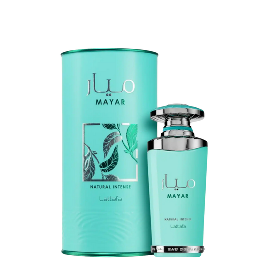 Turquoise perfume bottle and packaging on white background. Lattafa Mayar Natural Intense Womens Perfume