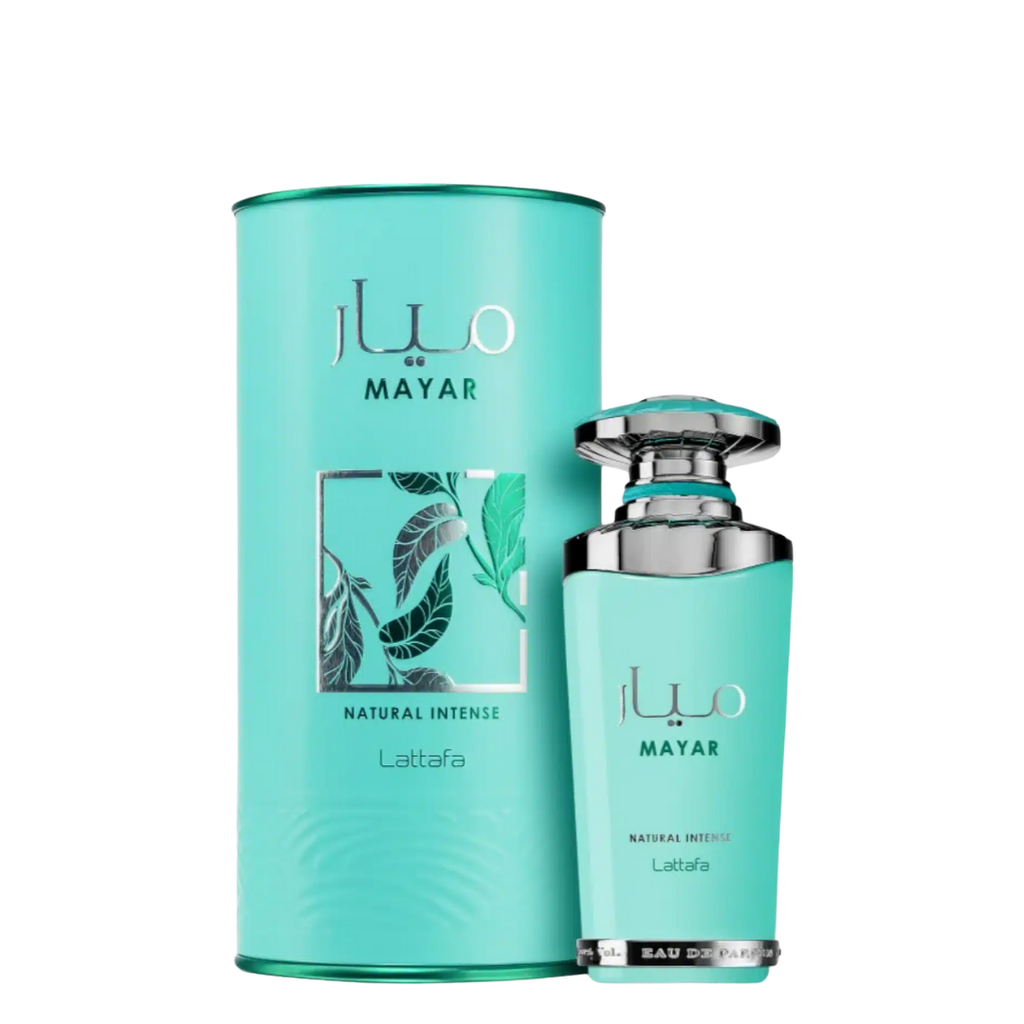 Turquoise perfume bottle and packaging on white background. Lattafa Mayar Natural Intense Womens Perfume