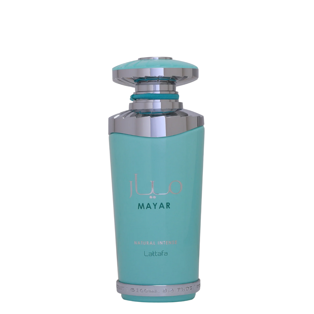 A bottle of Mayar Natural Intense Perfume by Lattafa with a turquoise label and silver cap.