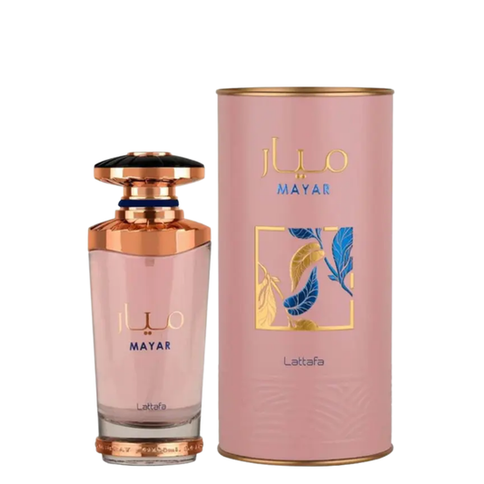Perfume bottle and packaging on a white background. Lattafa Mayar Womens Perfume
