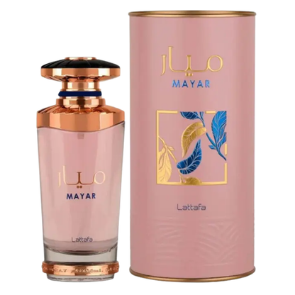 Perfume bottle and packaging on a white background. Lattafa Mayar Womens Perfume