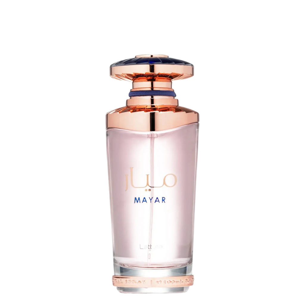 A bottle of Mayar Perfume by Lattafa with a pink hue and a rose gold cap.