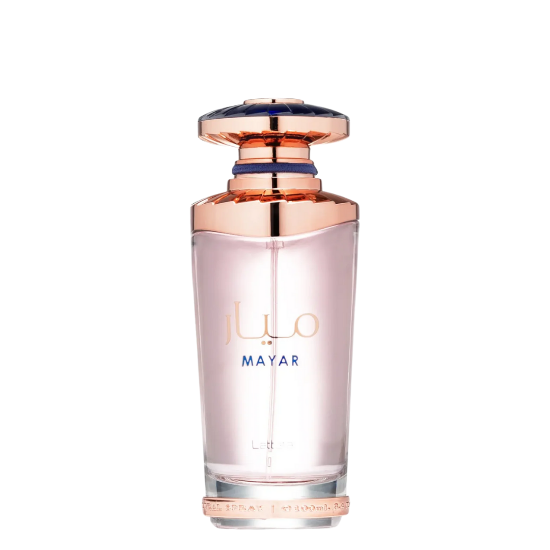A bottle of Mayar Perfume by Lattafa with a pink hue and a rose gold cap.