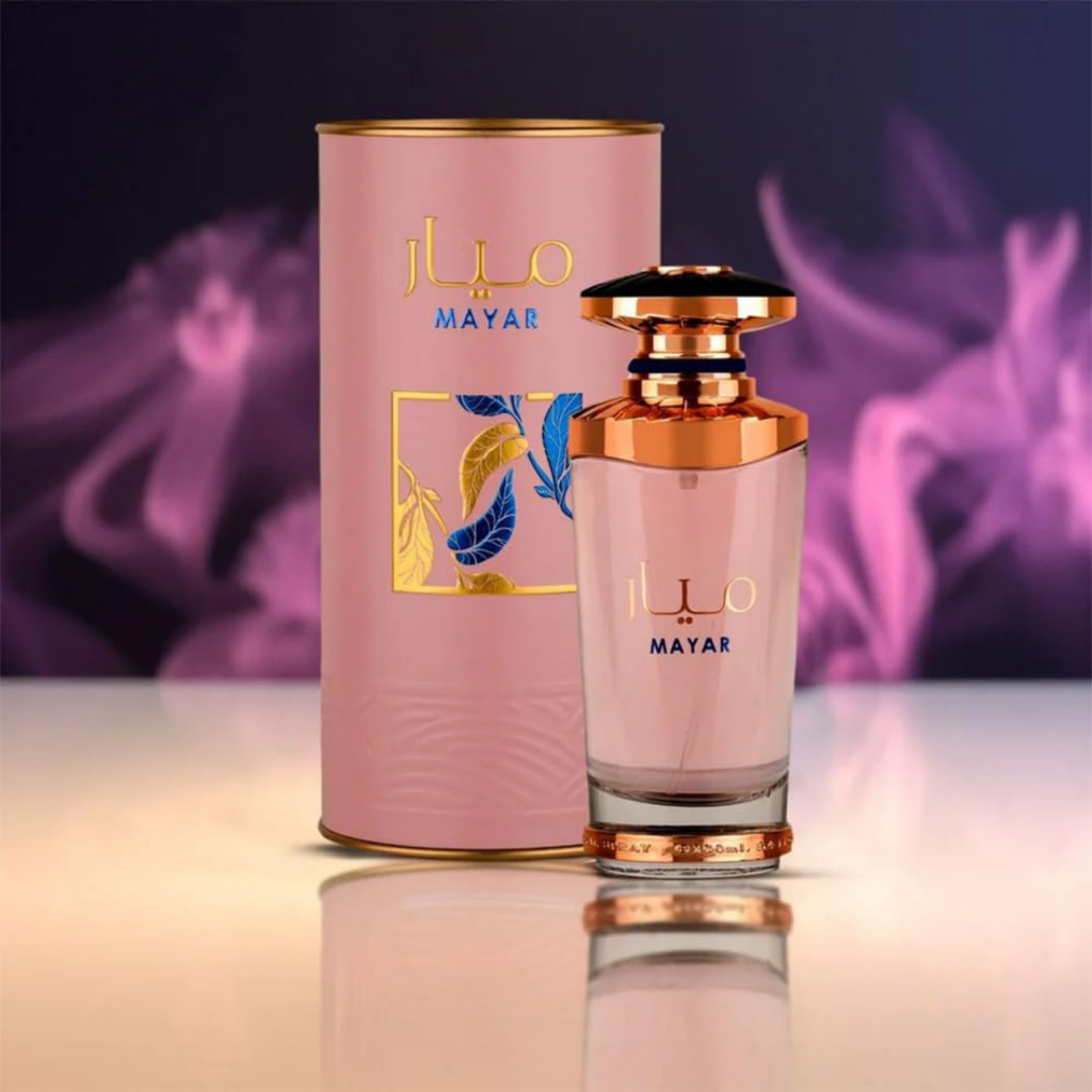 Perfume bottle and packaging with pink and purple color scheme. Lattafa Mayar Womens Perfume