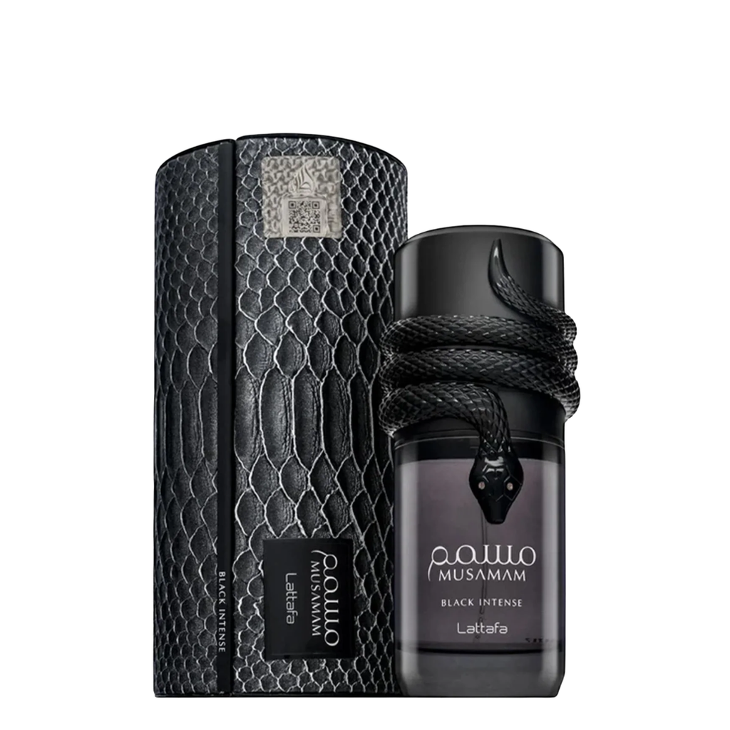 A bottle of Lattafa Musamam Black Intense Lattafa cologne next to its textured black packaging box, set against a plain white background.