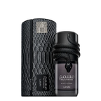 A bottle of Lattafa Musamam Black Intense Lattafa cologne next to its textured black packaging box, set against a plain white background.