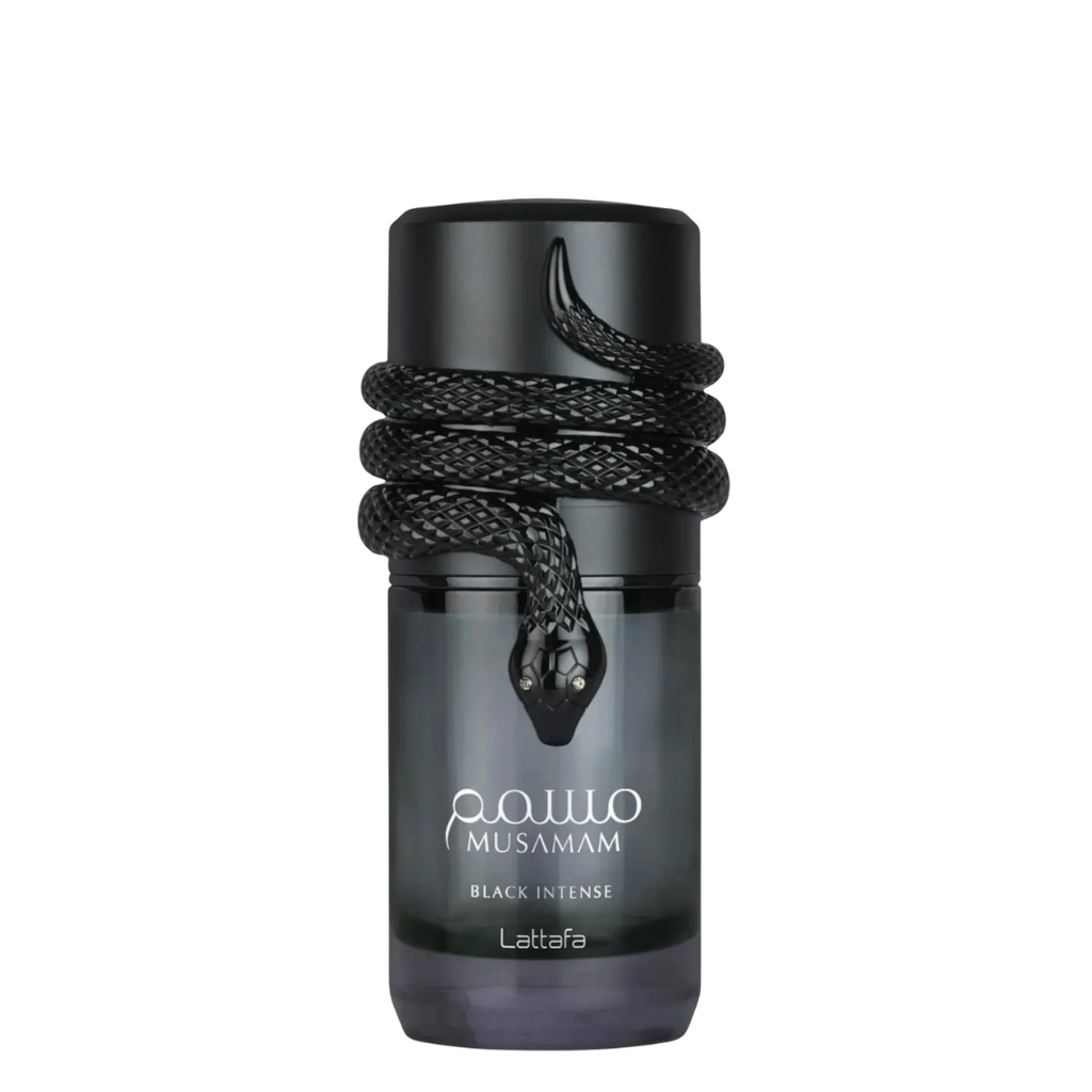 A bottle of Lattafa Musamam Black Intense cologne featuring a dark smoky glass bottle with a black coiled snake design around the neck, on a solid white background.
