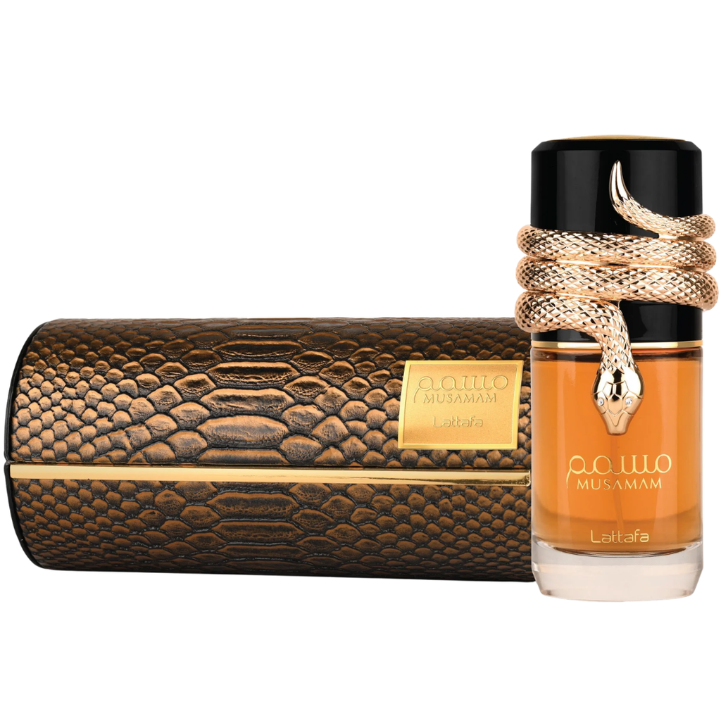 Lattafa Musalam perfume bottle with a black cap and gold lettering, wrapped with a gold snake charm, shown next to its textured brown and gold presentation box on a white background.